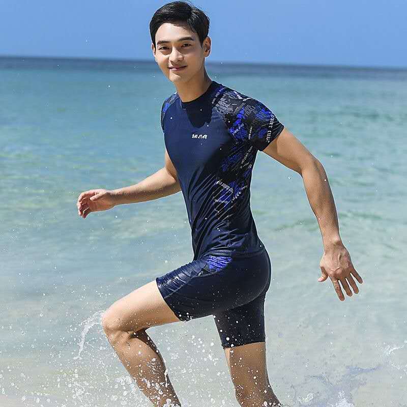 Men Blue Patterned Short Sleeve Rash Guard