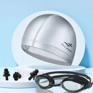 Silicone Swimming Cap and Goggles Set Silver